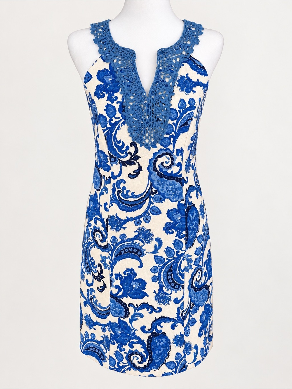 Jade Melody Tam Blue White Paisley Crochet Neck Sheath Dress